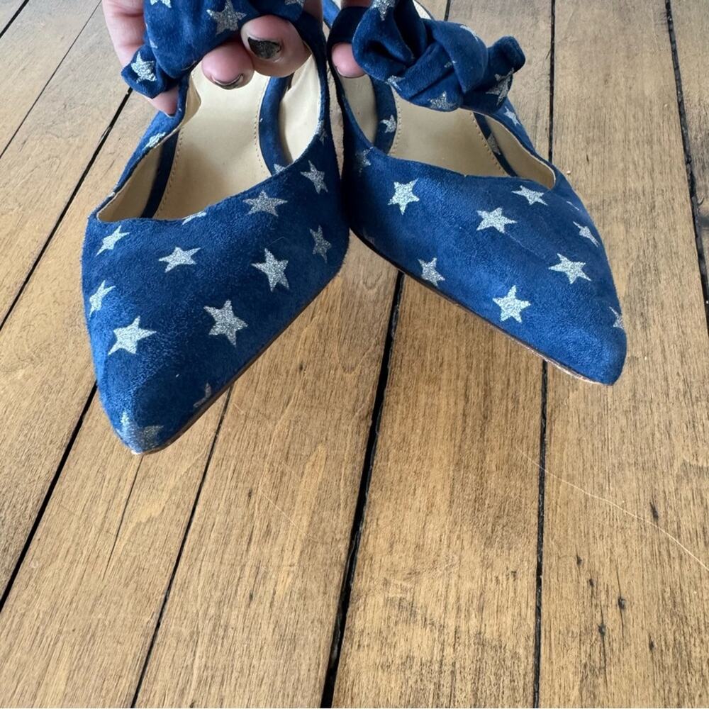 J. Crew Sophia Blue and Silver Starry Suede Kitten Heels Mules 7 americana - Picture 7 of 11